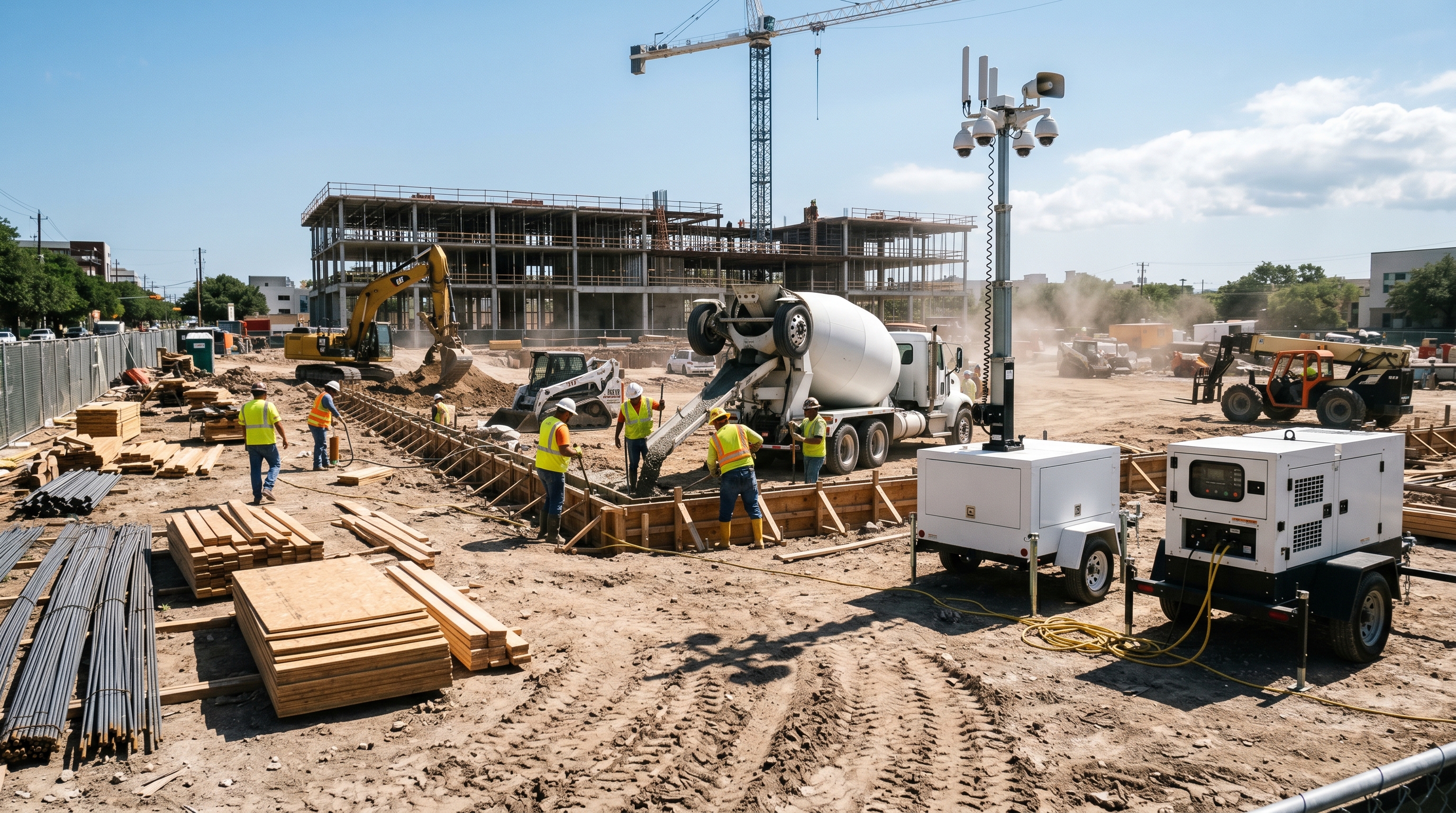 Construction site with Hoss security and power equipment