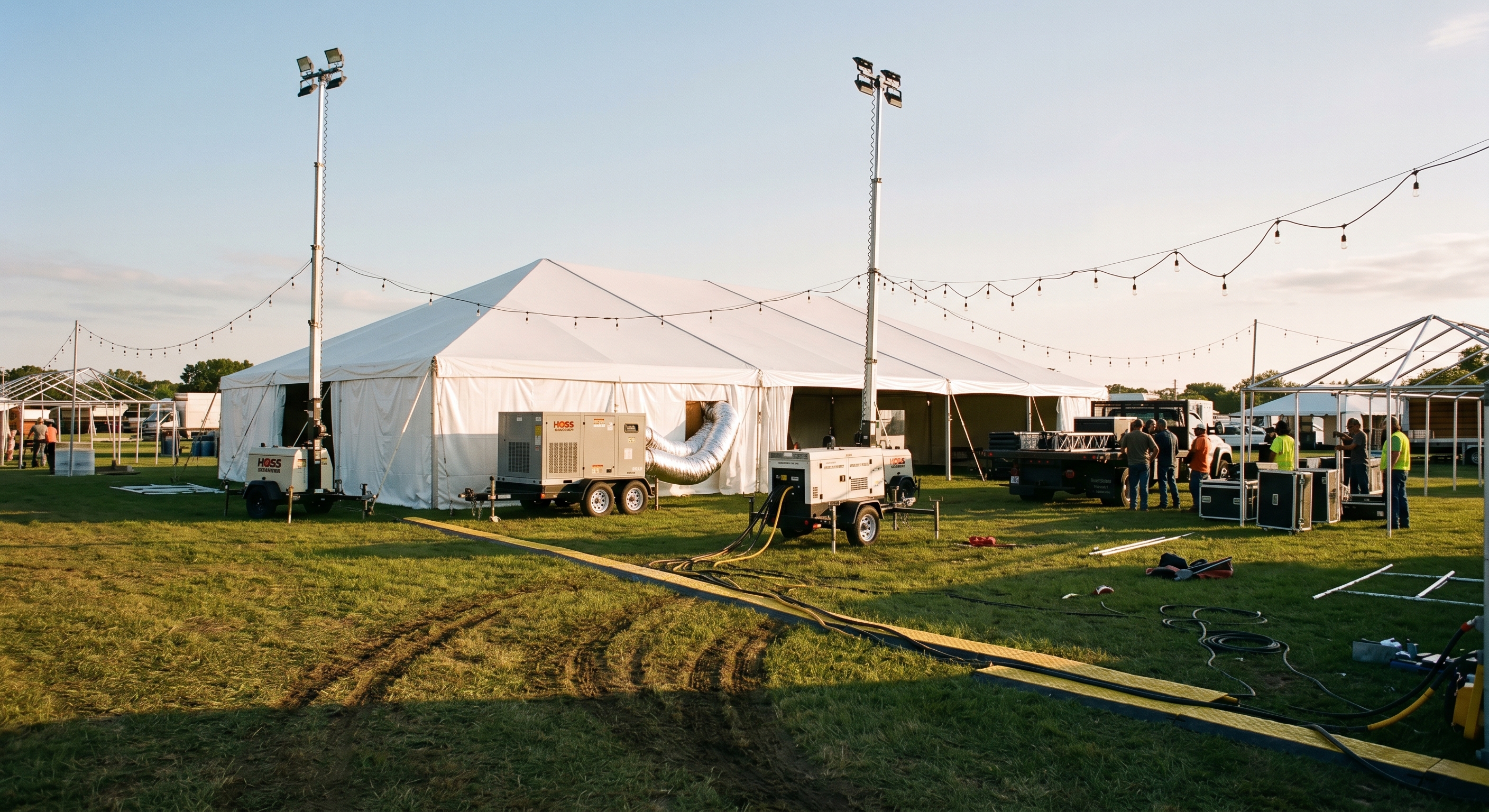 Outdoor event with portable light towers and HVAC