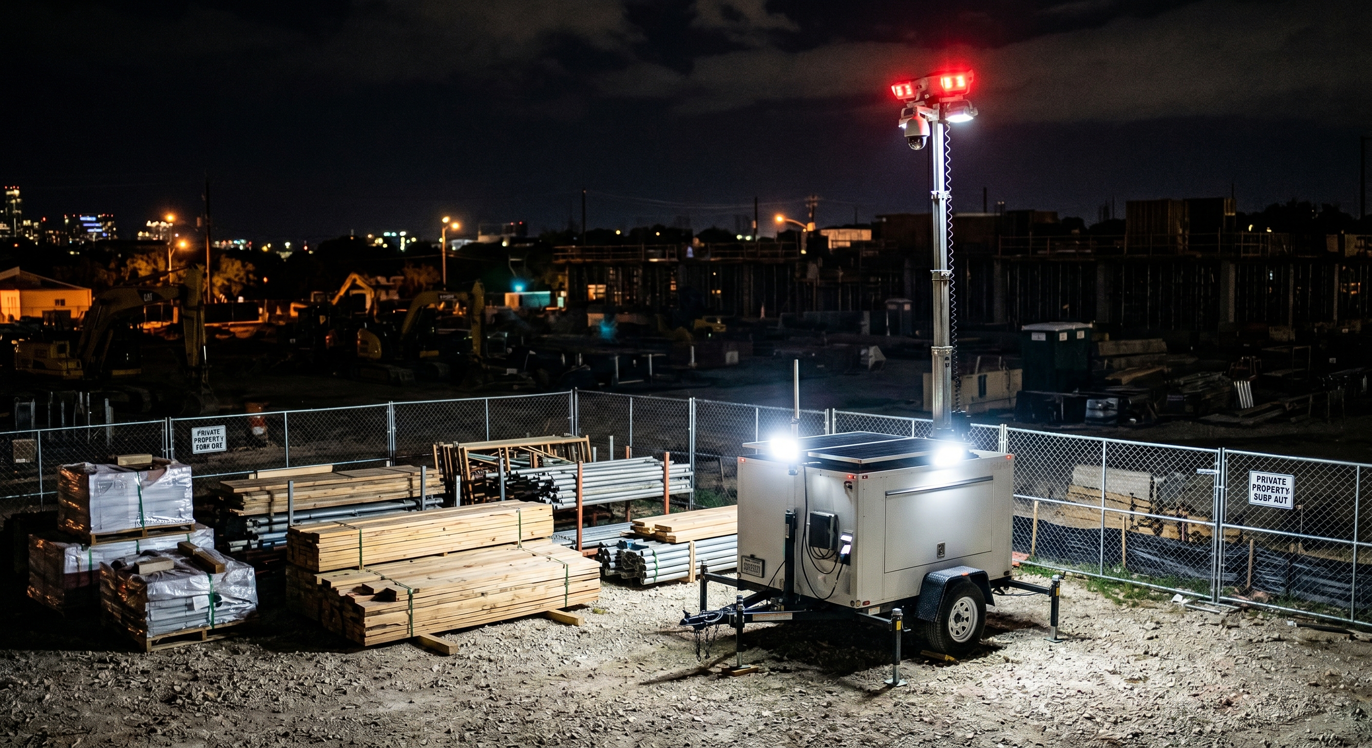 Security trailer deployed at construction site at night