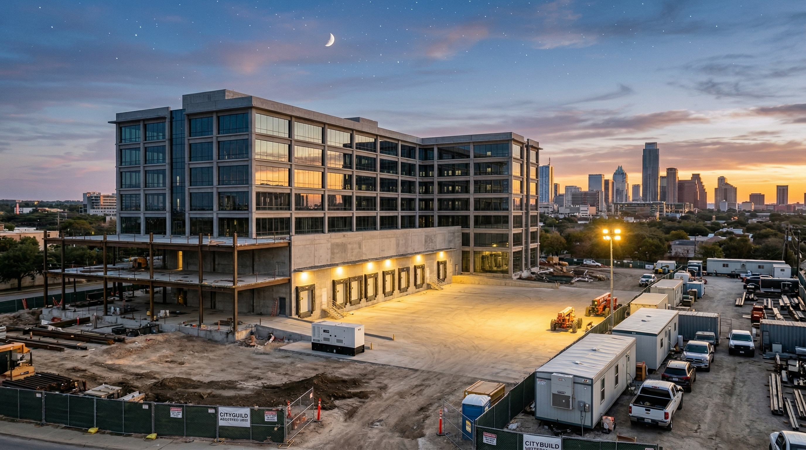 Commercial development site with portable infrastructure at dusk